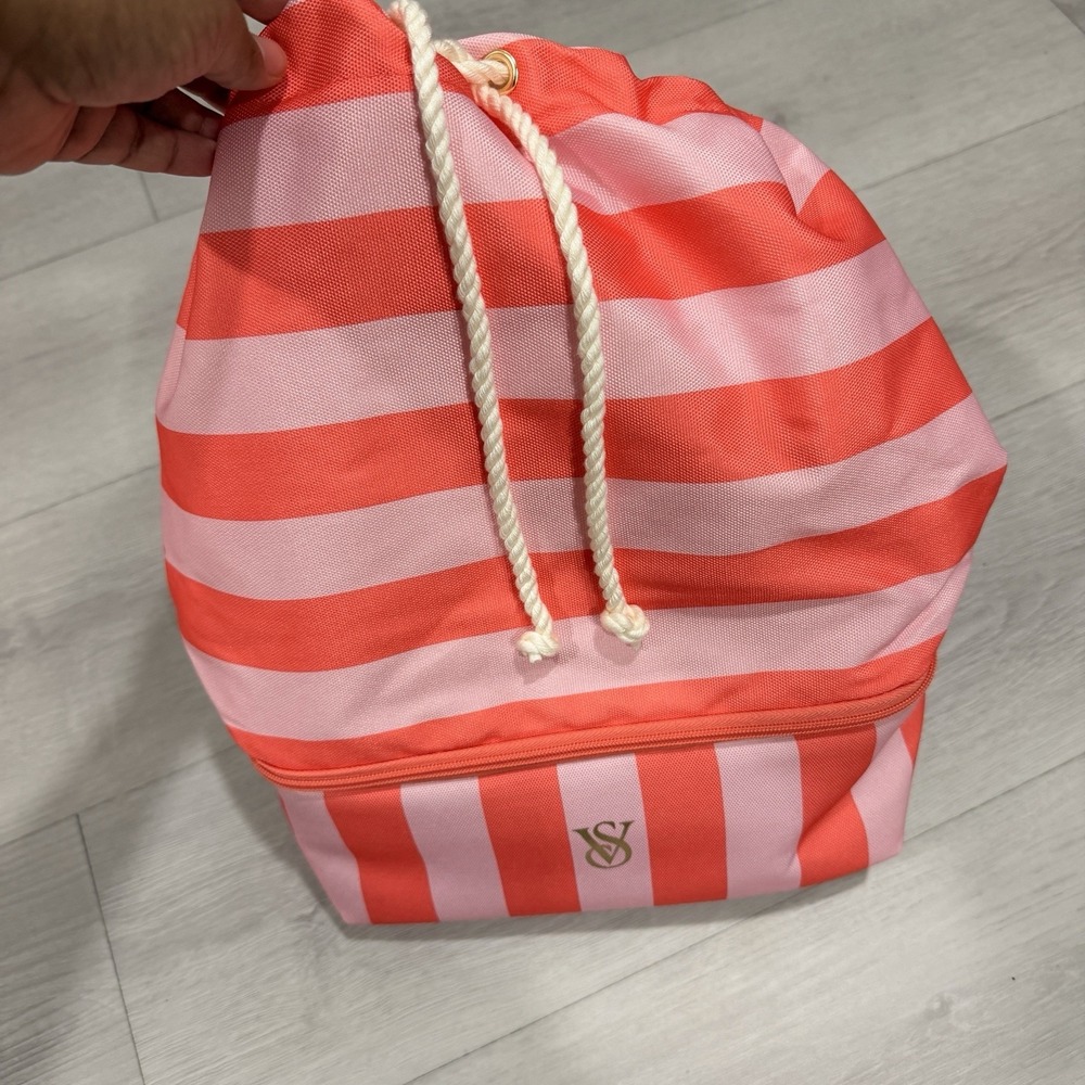 Victoria's Secret Beach Cooler Backpack Pink Coral Stripe Insulated Bag